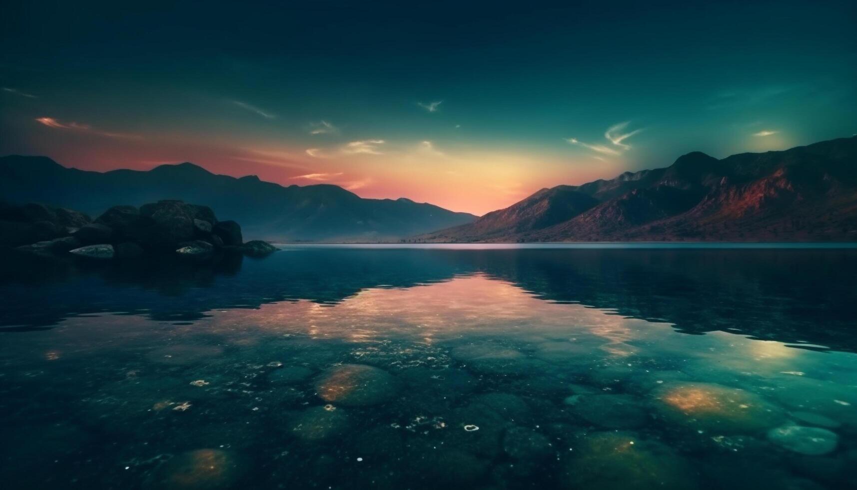 maestoso montagne riflettere tranquillo tramonto al di sopra di acqua generato di ai foto