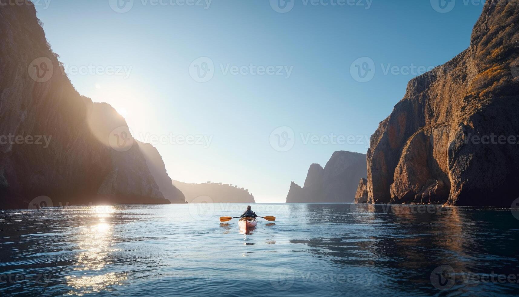 uomini godendo kayak avventura su tranquillo acqua generato di ai foto