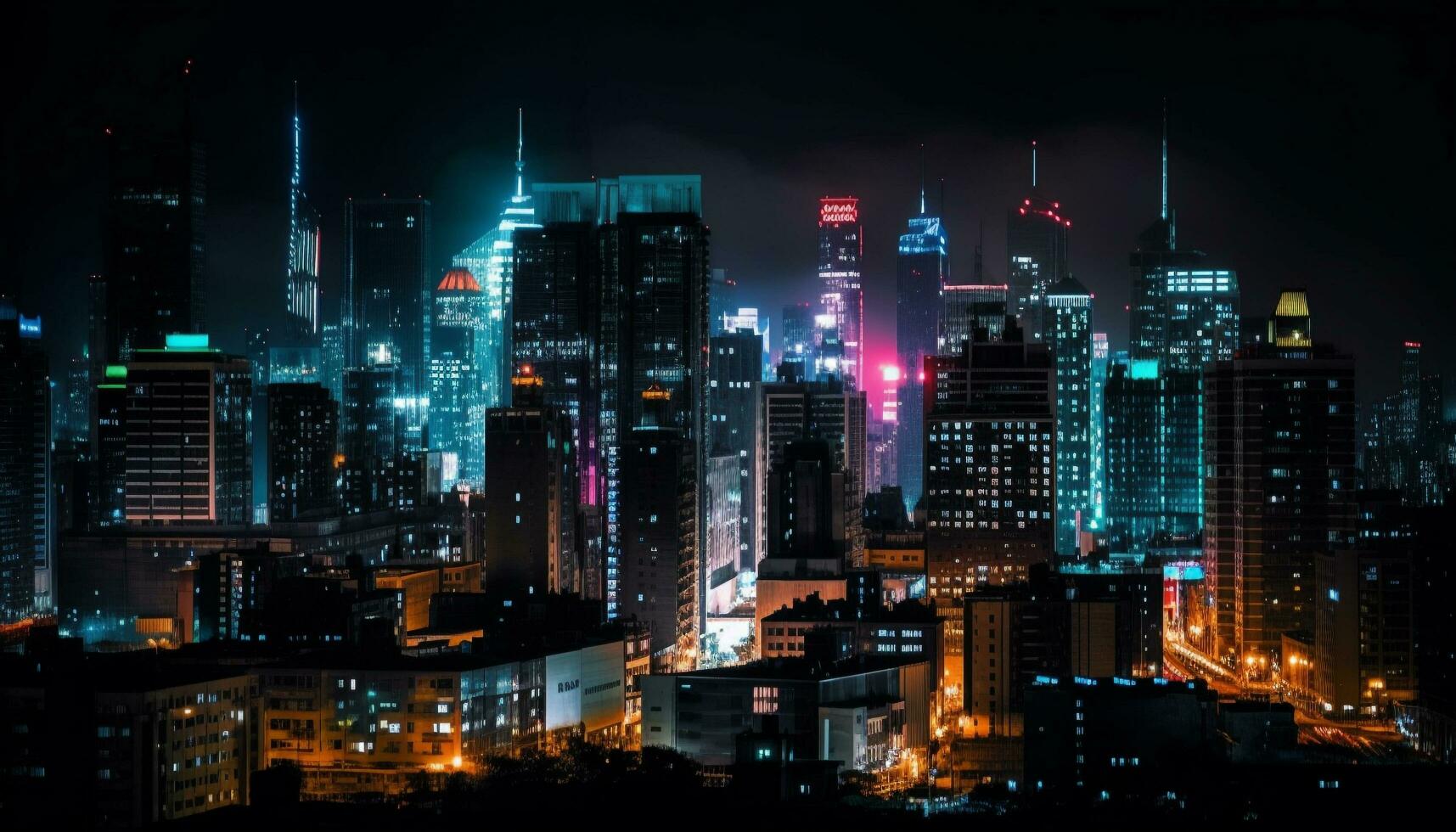illuminato grattacieli leggero su futuristico città orizzonte generato di ai foto