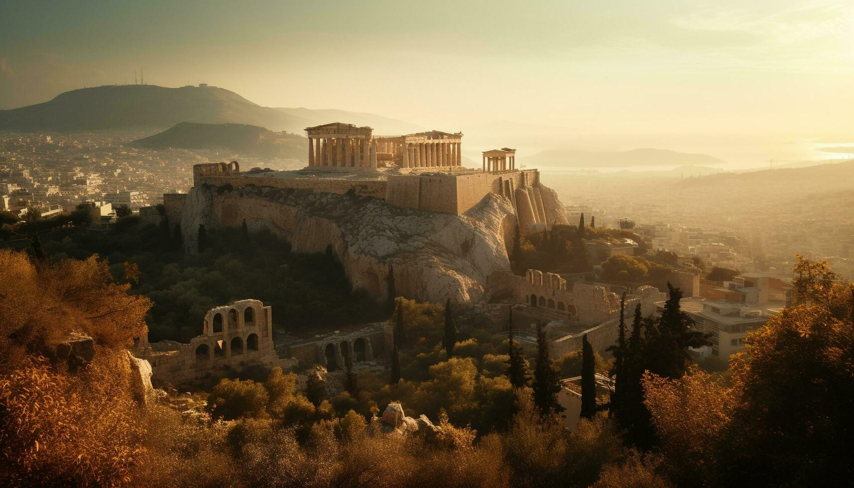 antico rovine illuminato di tramonto, un' viaggiatore sognare generato di ai foto