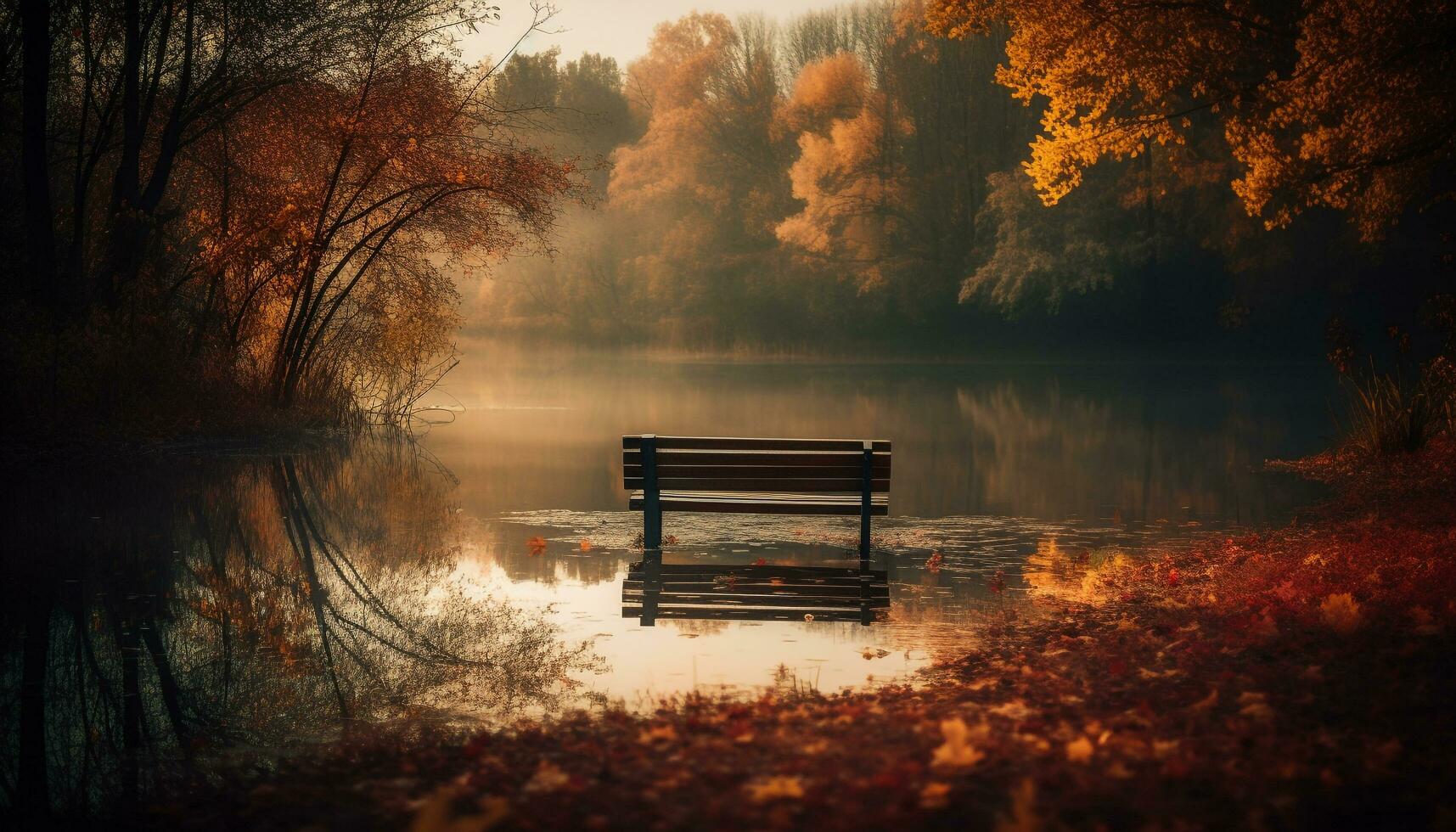 tranquillo autunno riflessi su foresta stagno panchina generato di ai foto