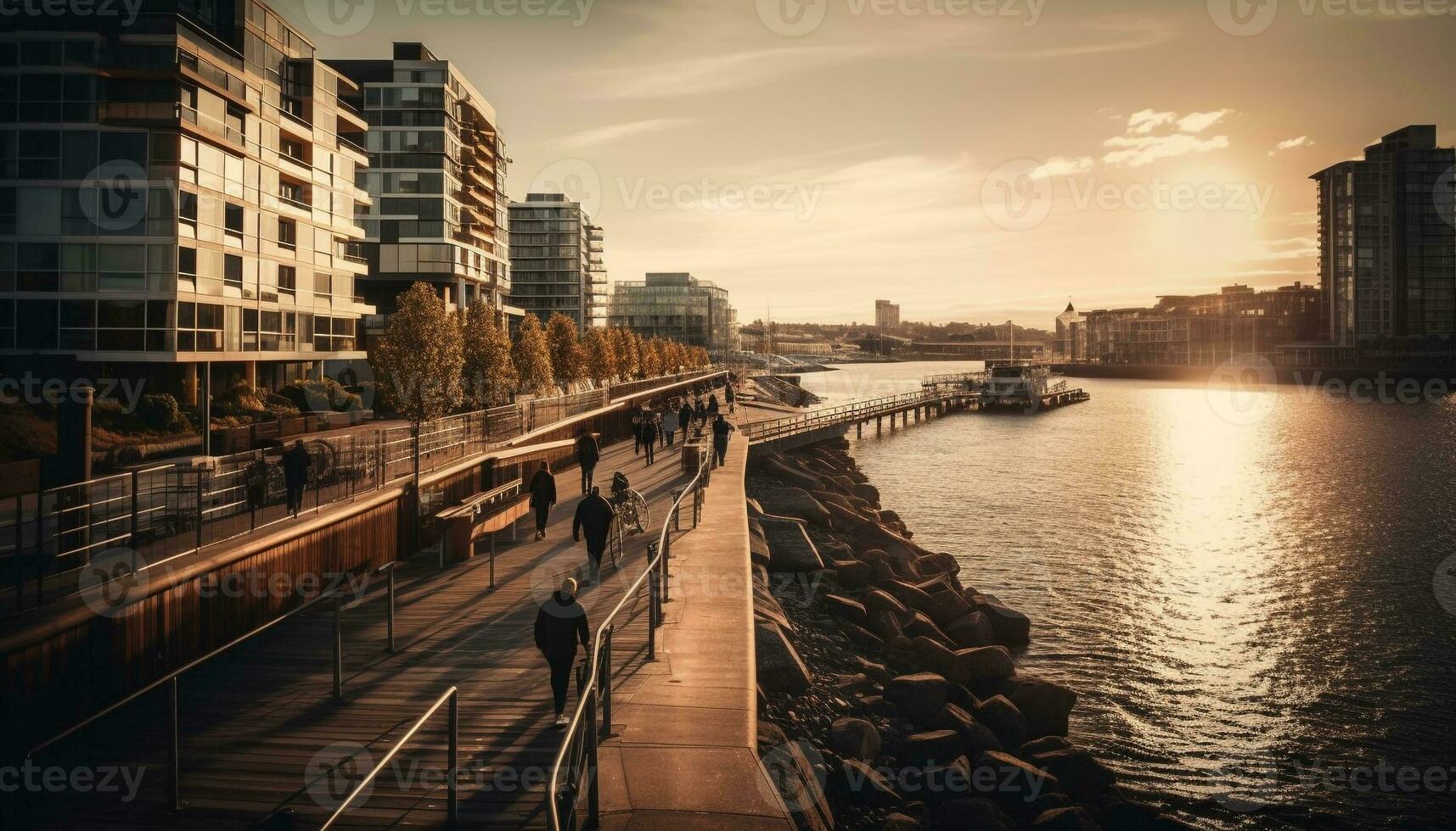 moderno città orizzonte riflette su tranquillo acque generato di ai foto