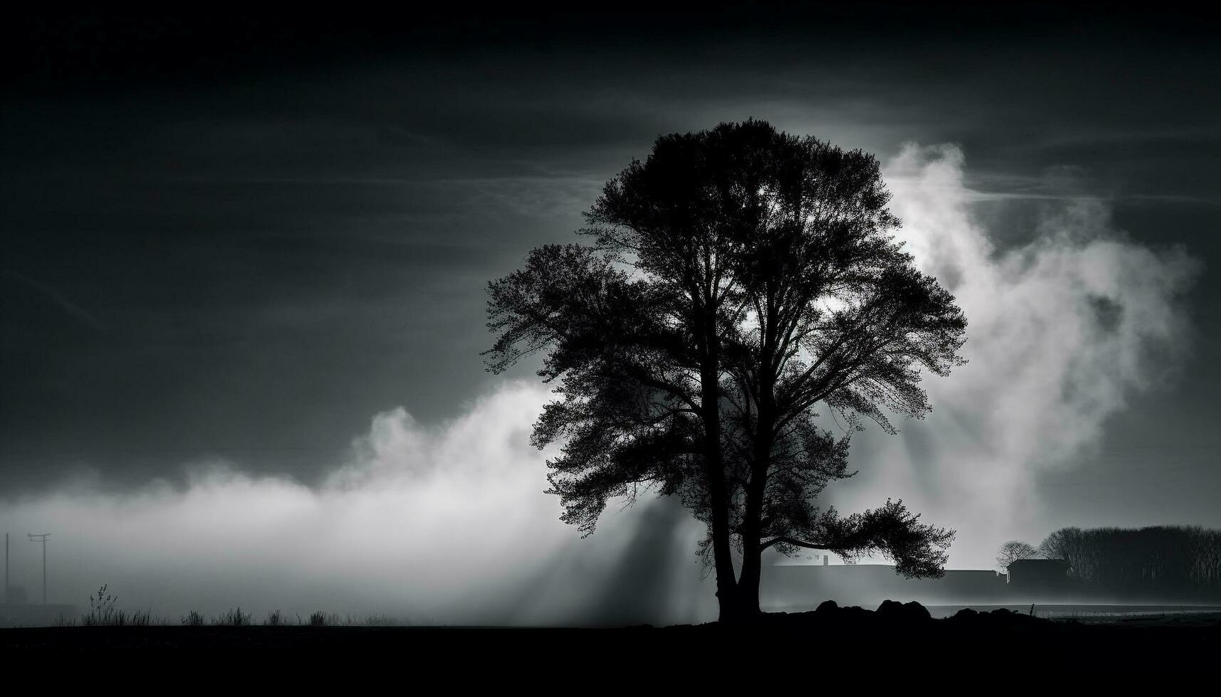 silhouette di albero nel sinistro, nebbioso notte generato di ai foto