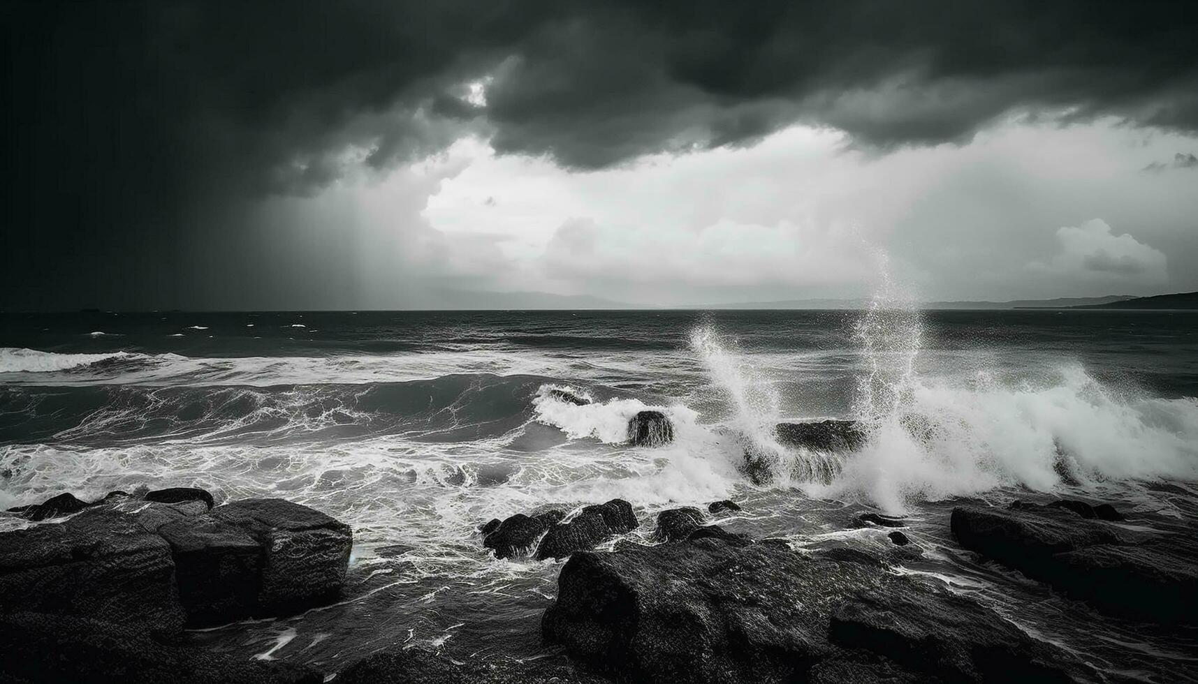 onde schianto su roccioso riva sotto tempestoso cielo generato di ai foto
