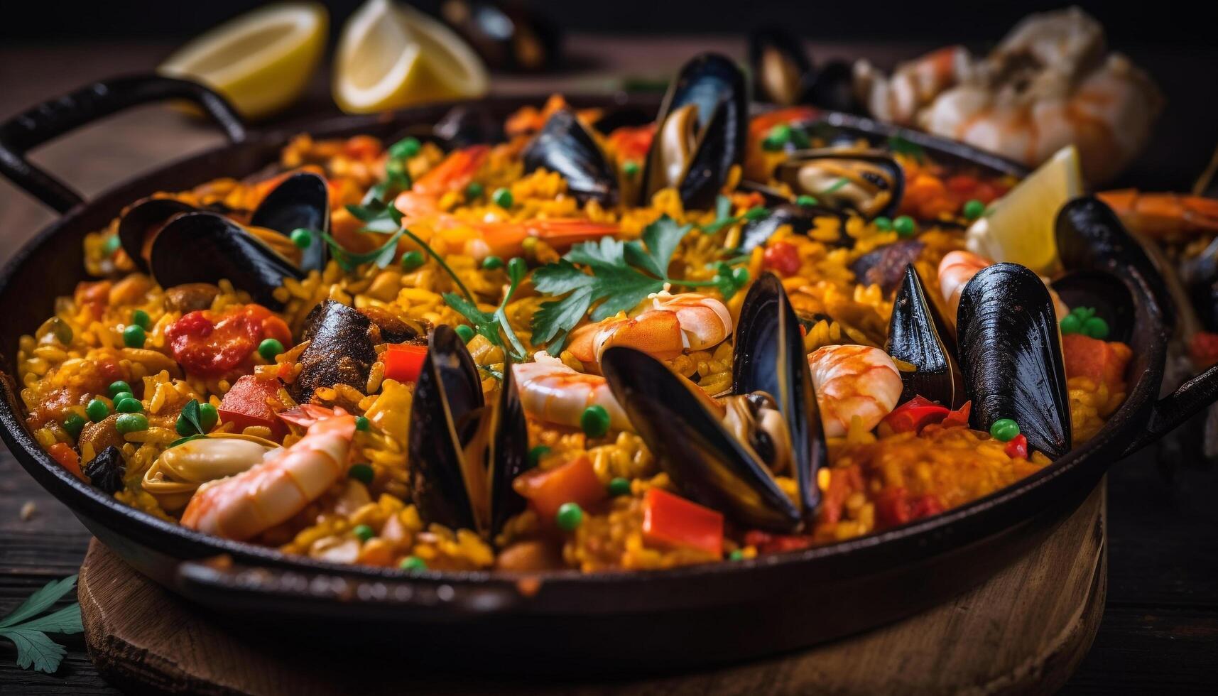 fresco frutti di mare paella un' buongustaio spagnolo pasto generato di ai foto