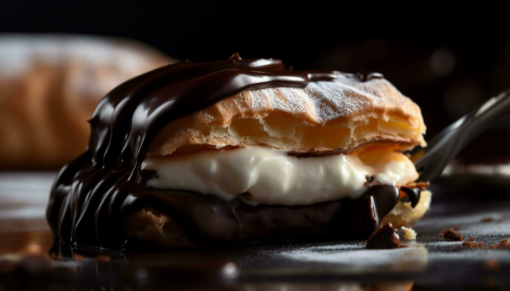 indulgente fetta di cioccolato torta con frustato crema generato di ai foto