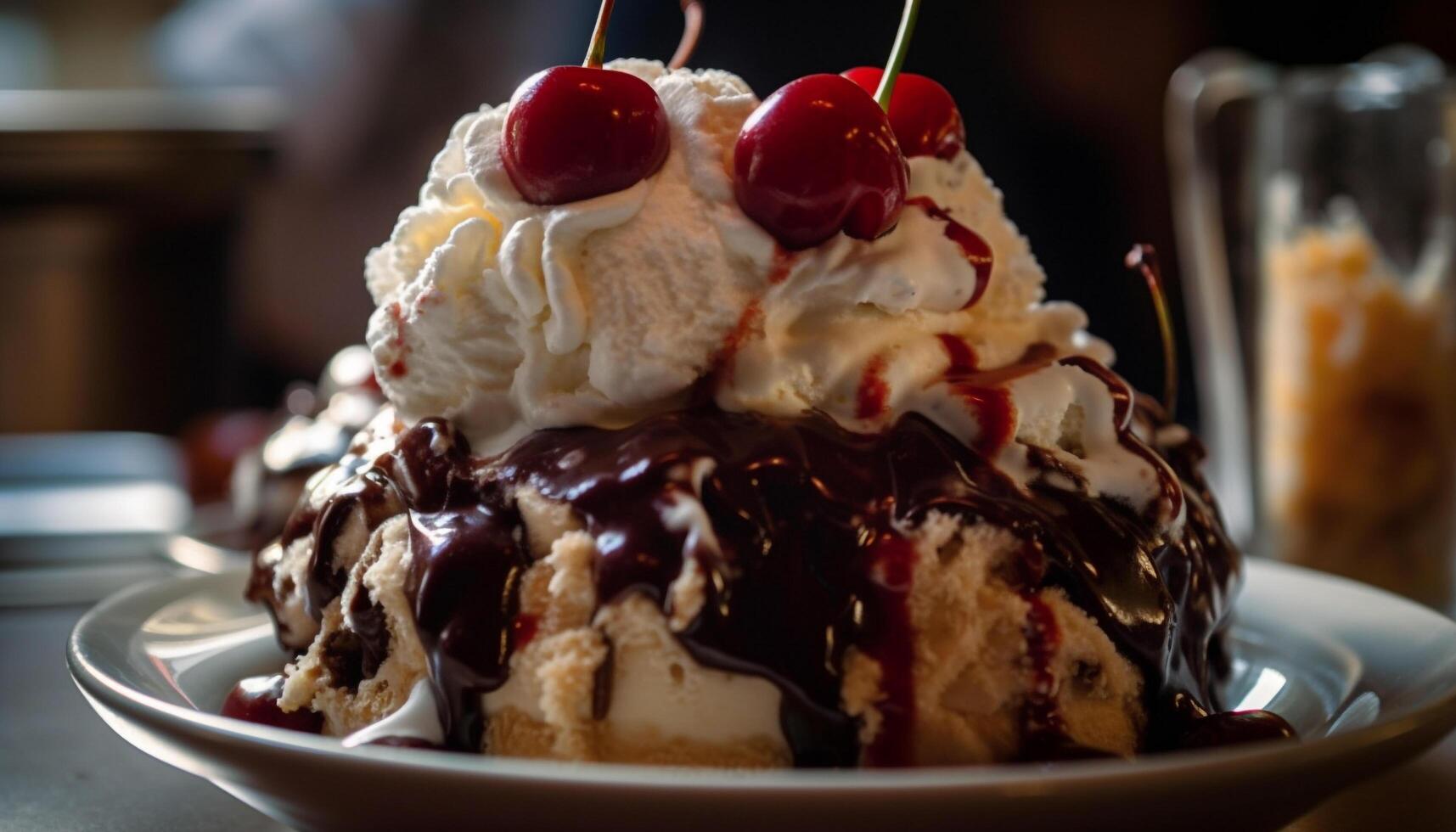 indulgente ghiaccio crema coppa di gelato guarnita con frustato crema generato di ai foto