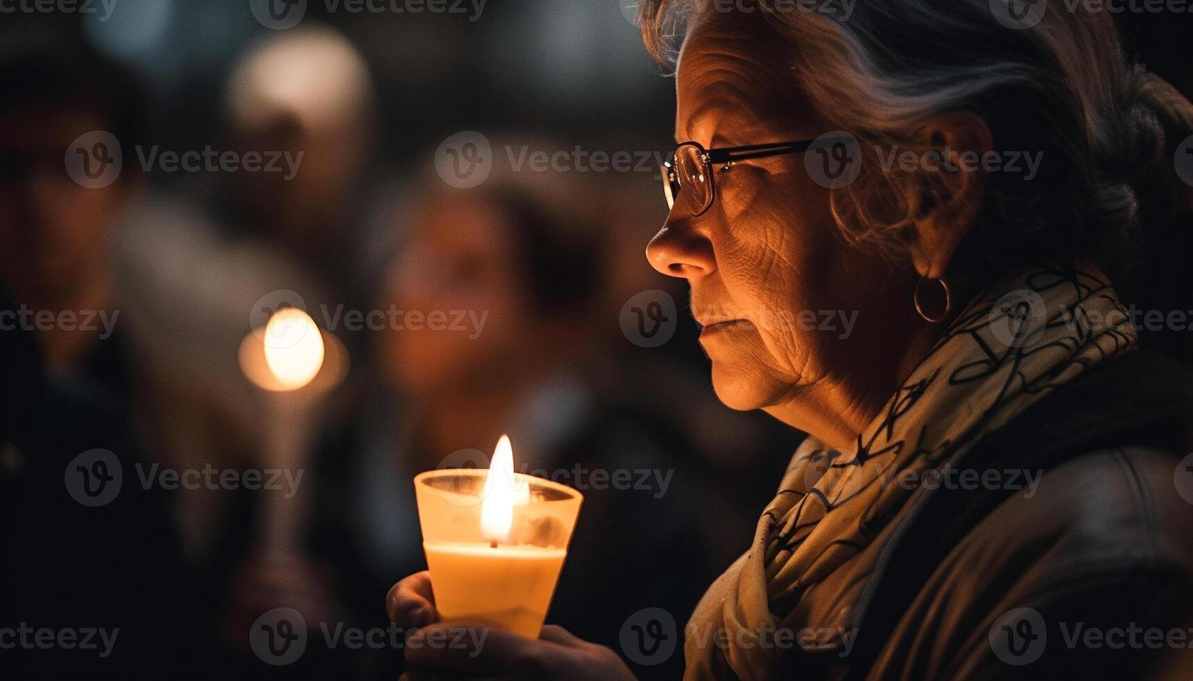 preghiere adulto Tenere candela, illuminato di fiamma generato di ai foto