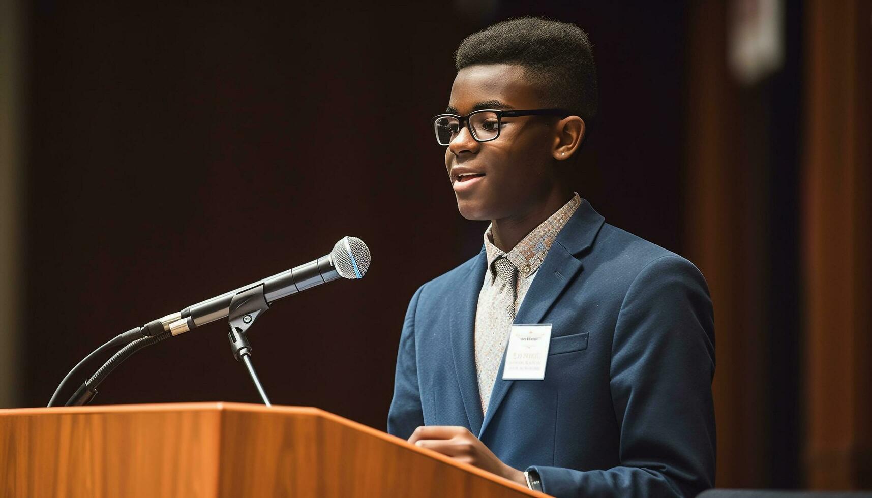 professionale africano uomo d'affari Tenere un' microfono presentazione generato di ai foto