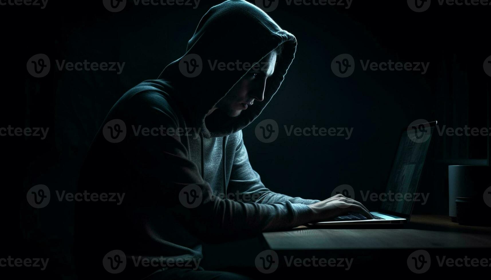 incappucciato scassinatore digitando crimine su buio il computer portatile generato di ai foto