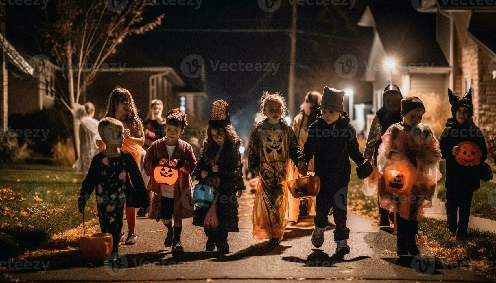 bambini a piedi nel tradizionale costumi su Halloween notte generato di ai foto