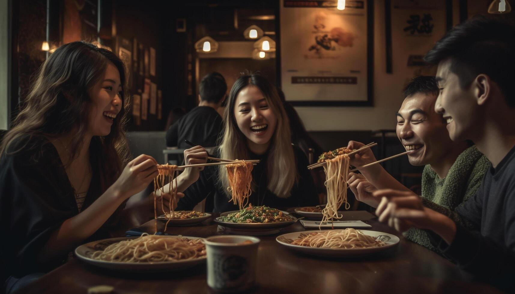 giovane adulti legame al di sopra di frutti di mare e risata generato di ai foto