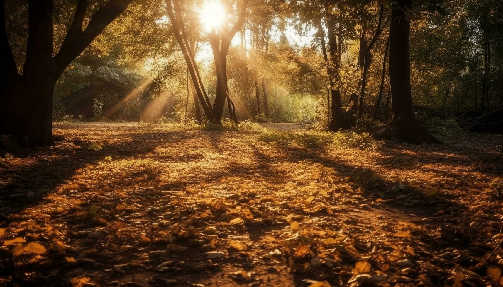 vivace autunno foresta, retroilluminato di d'oro luce del sole generato di ai foto