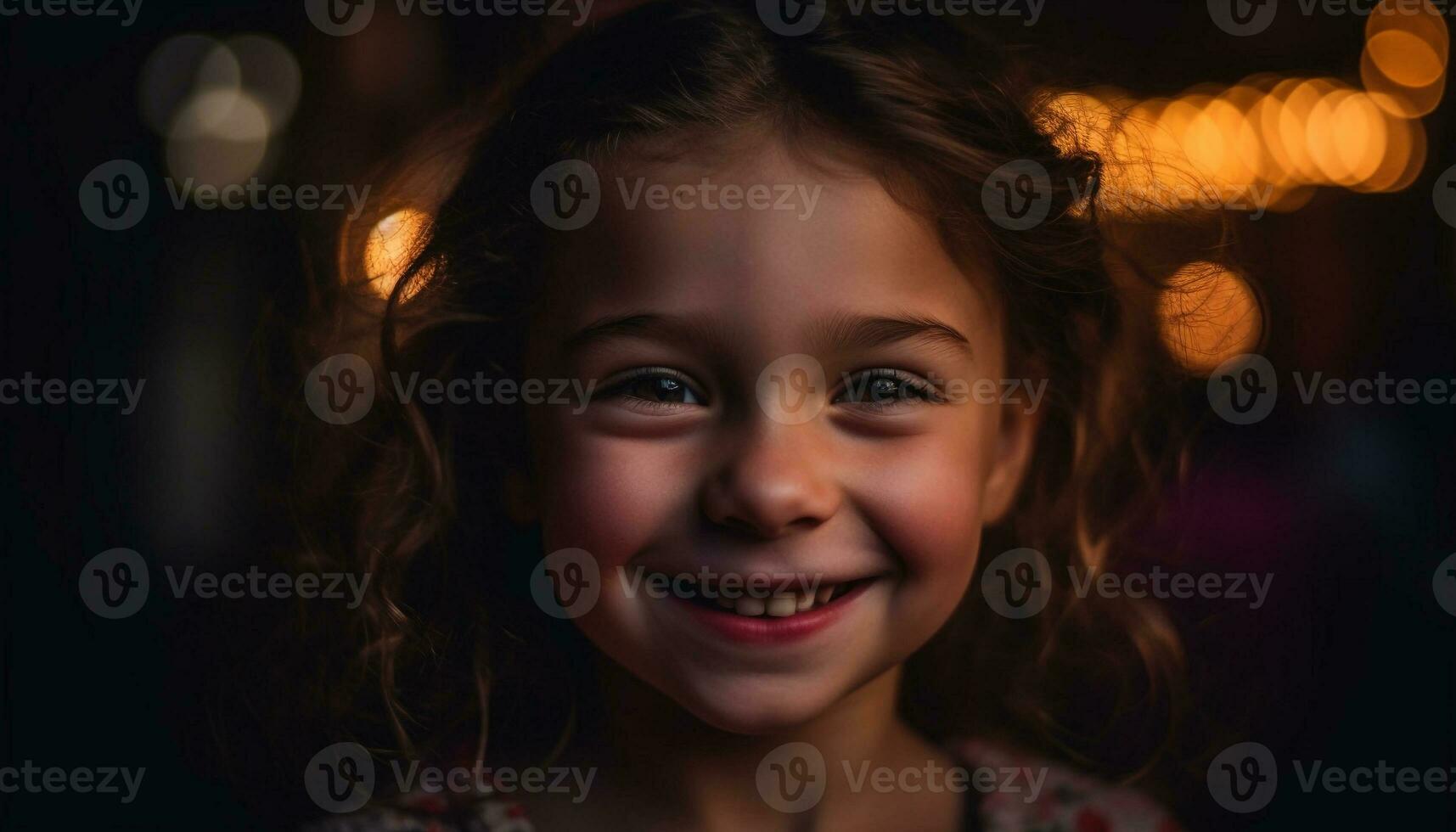 carino ragazza sorrisi, illuminato di illuminazione attrezzatura all'aperto generato di ai foto