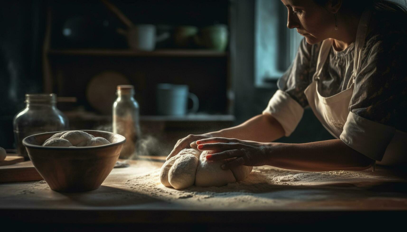 rustico panettiere prepara fatti in casa pane Impasto in casa generato di ai foto