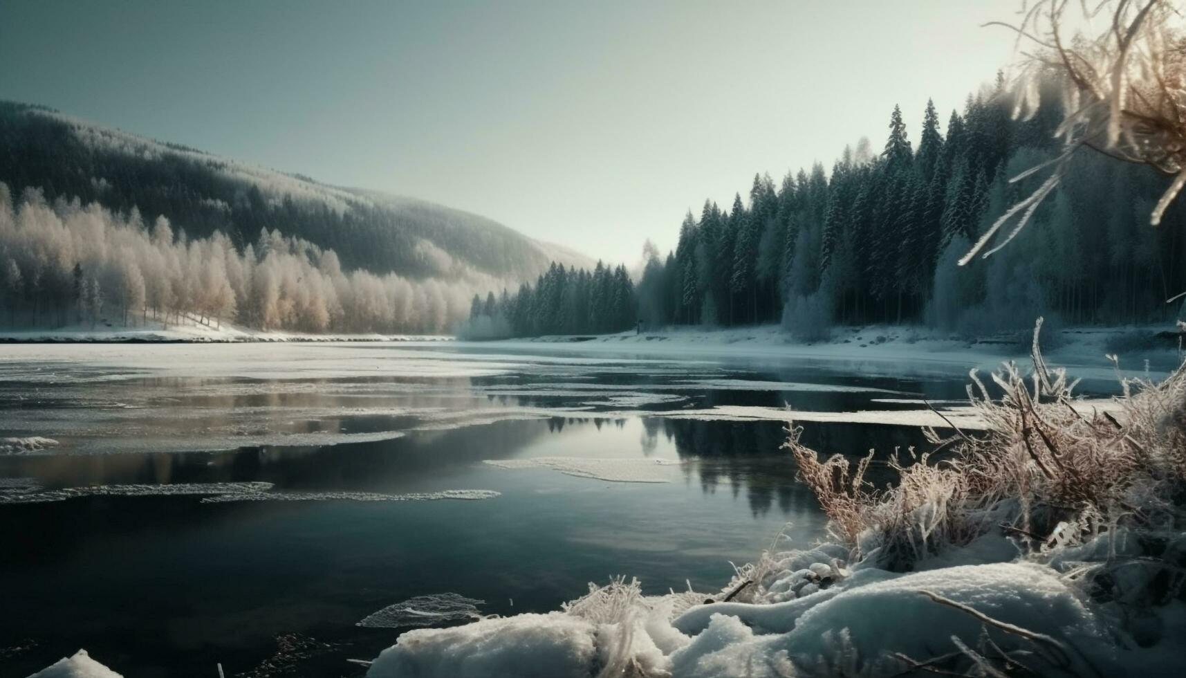congelato paesaggio, tranquillo scena, riflettendo naturale bellezza generato di ai foto
