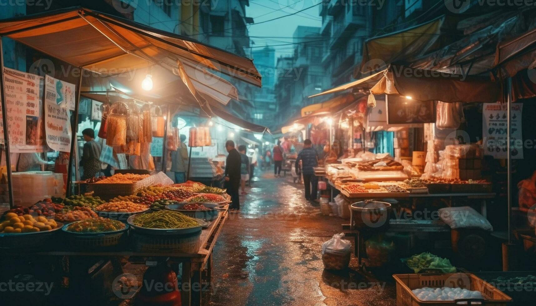 notte mercato fornitori vendita Multi colorato frutti di mare e frutta generato di ai foto