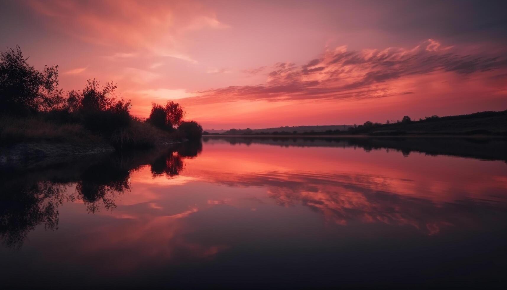 vivace tramonto sagome alberi, orizzonte al di sopra di acqua generato di ai foto