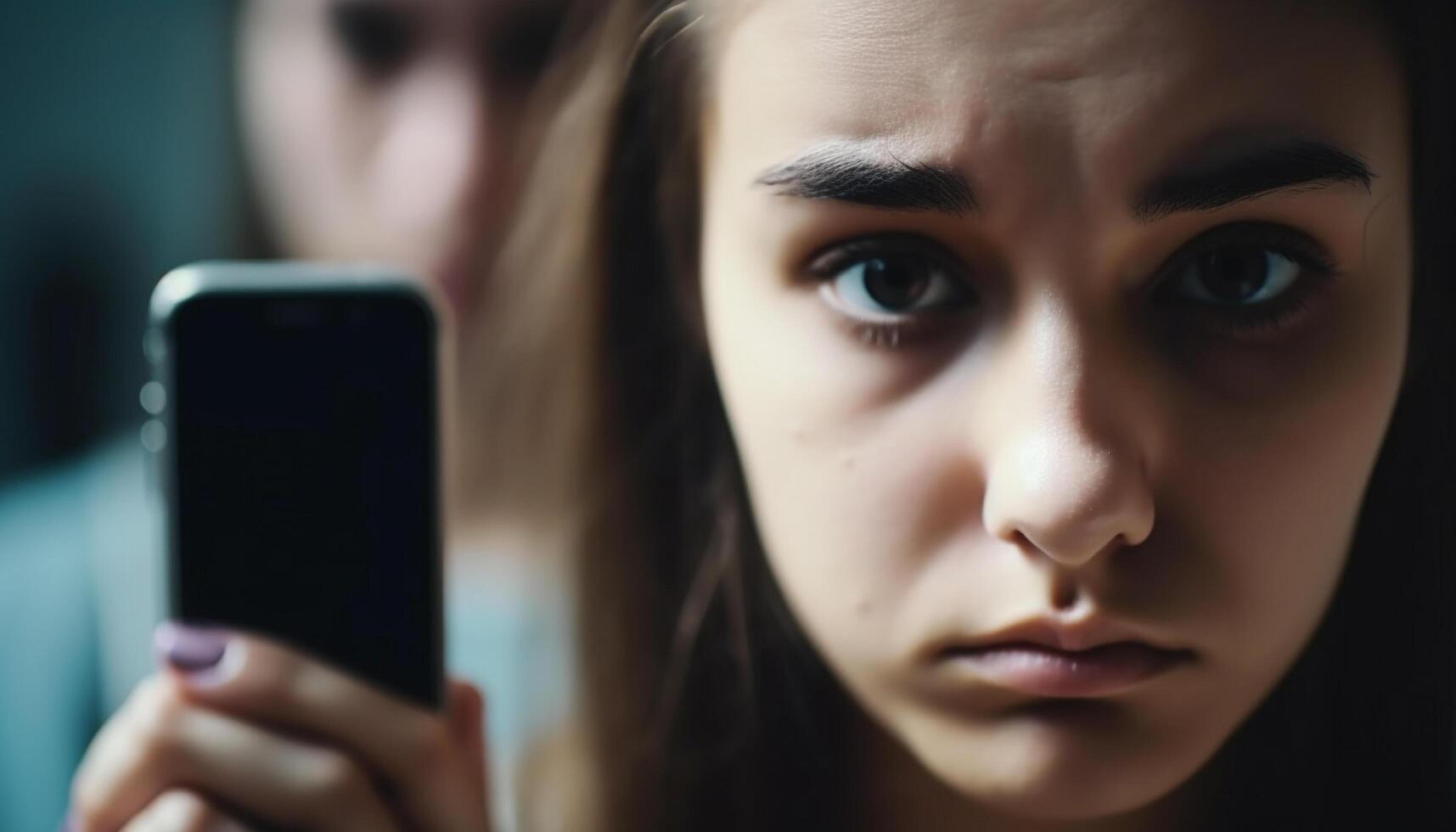 depresso giovane donna testo messaggistica su Telefono all'aperto generato di ai foto