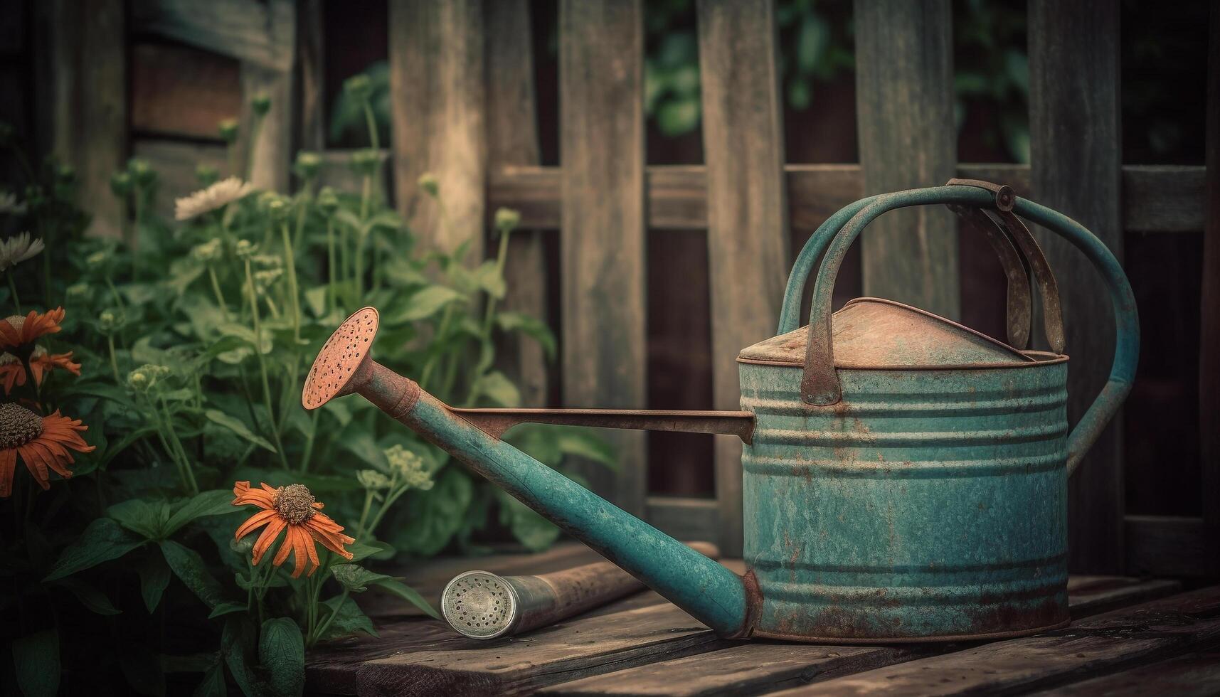 in crescita giardino utilizzando attrezzatura tra rustico ambiente generato di ai foto