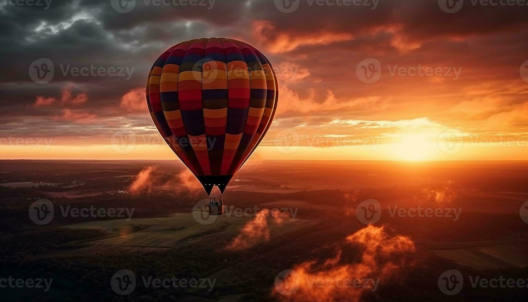 Multi colorato caldo aria Palloncino volante alto sopra vivace paesaggio generato di ai foto