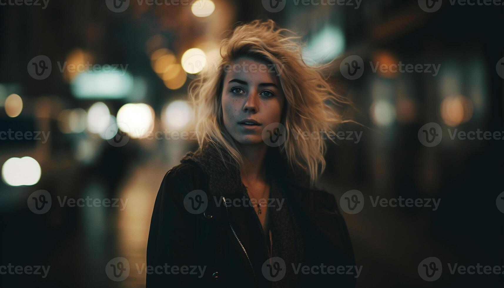 uno giovane donna, fiducioso e alla moda, illuminato di strada leggero generato di ai foto