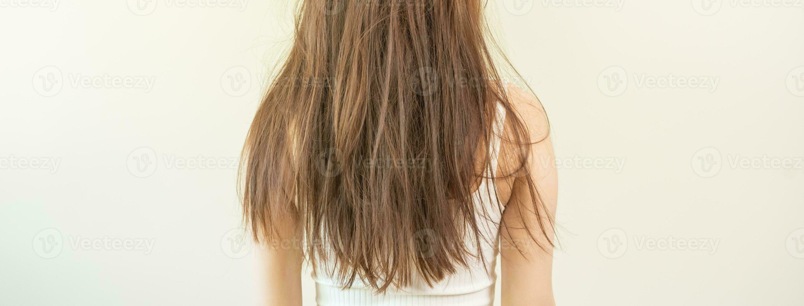 danneggiato capelli, frustrato asiatico giovane donna, ragazza nel scissione finisce, disordinato non spazzolato asciutto capelli e crespi con lungo spettinato capelli, Salute cura di bellezza. ritratto isolato su sfondo, indietro Visualizza. foto