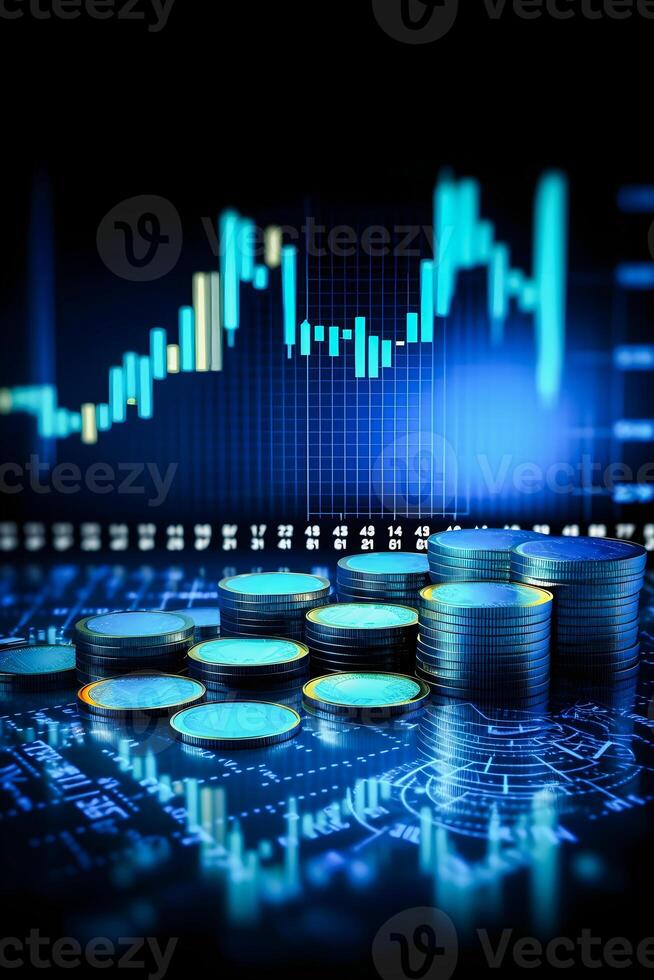 infuso di tecnologia investimento successo 3d moneta sfondo con blu finanza grafico generativo ai foto