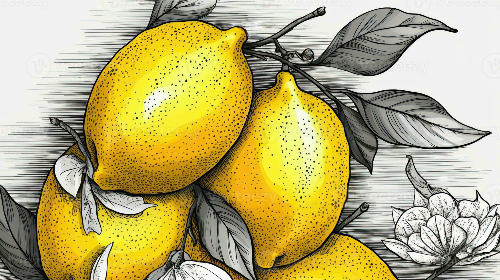 un' pittura di realistico disegno limoni con le foglie. generativo ai. foto