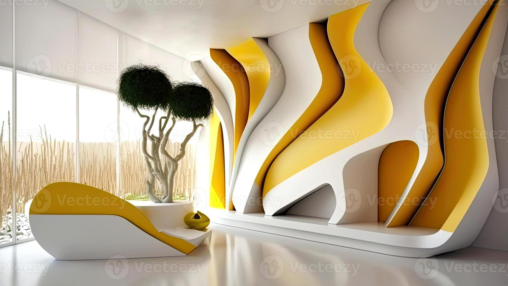 moderno interno design concetto di futuristico architettonico con panoramico finestre, grande pianta della casa. generativo ai tecnologia. foto