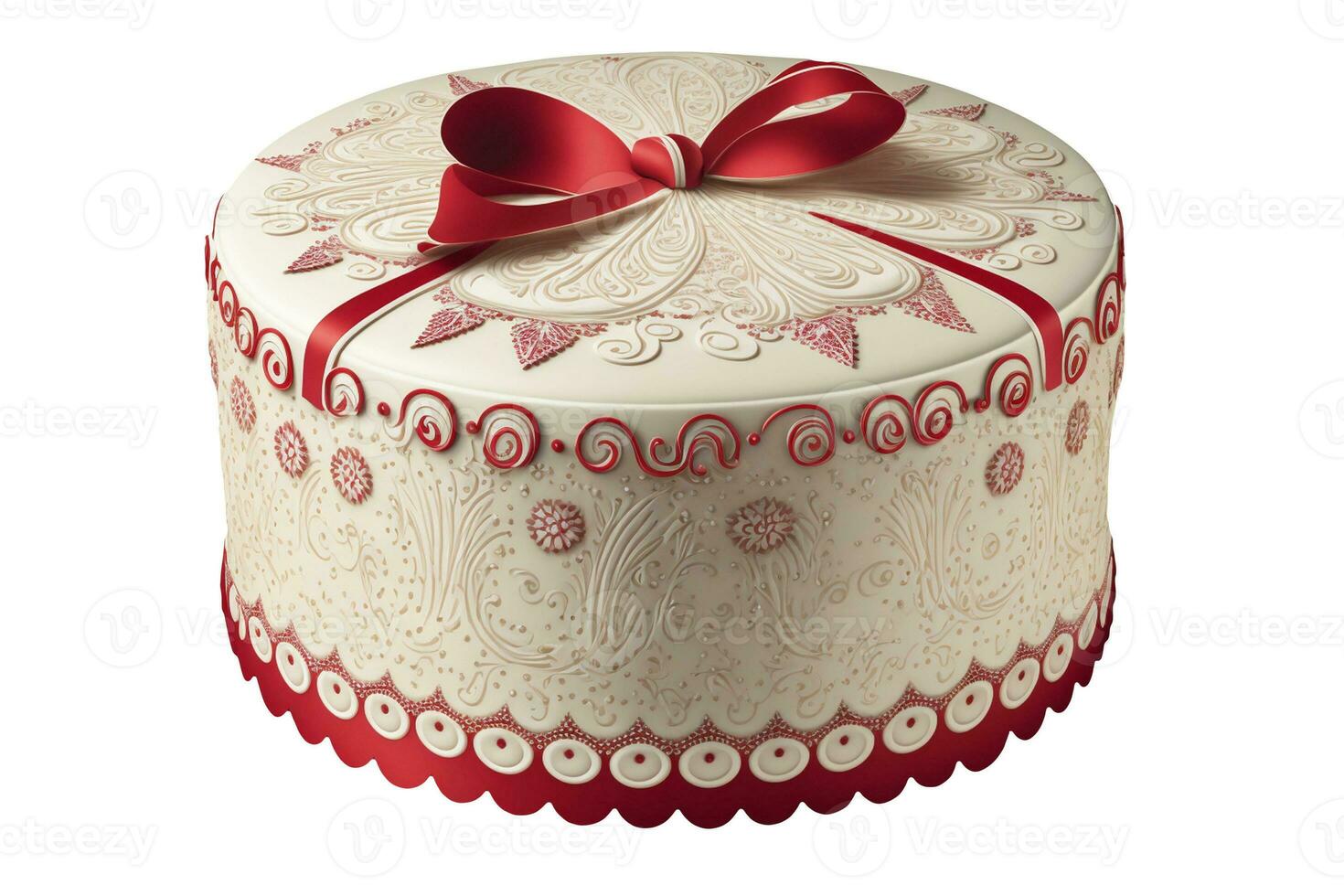 rosso e bianca Vintage ▾ torta decorazione con rosso arco nastro per qualunque celebrazione. generativo ai. foto