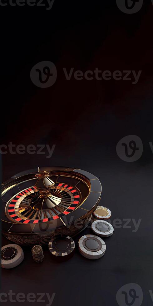 avvicinamento di roulette ruota e casinò gettone o poker patatine fritte contro buio sfondo. casinò gioco d'azzardo concetto. generativo ai. foto