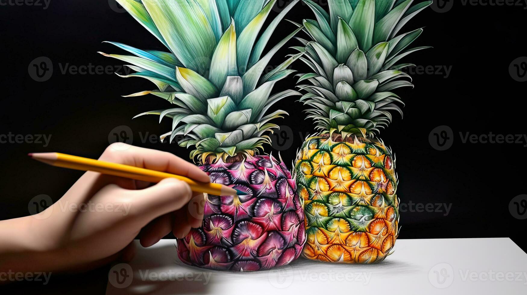 3d arte presentazione Immagine di mano disegno realistico ananas con matita. generativo ai. foto
