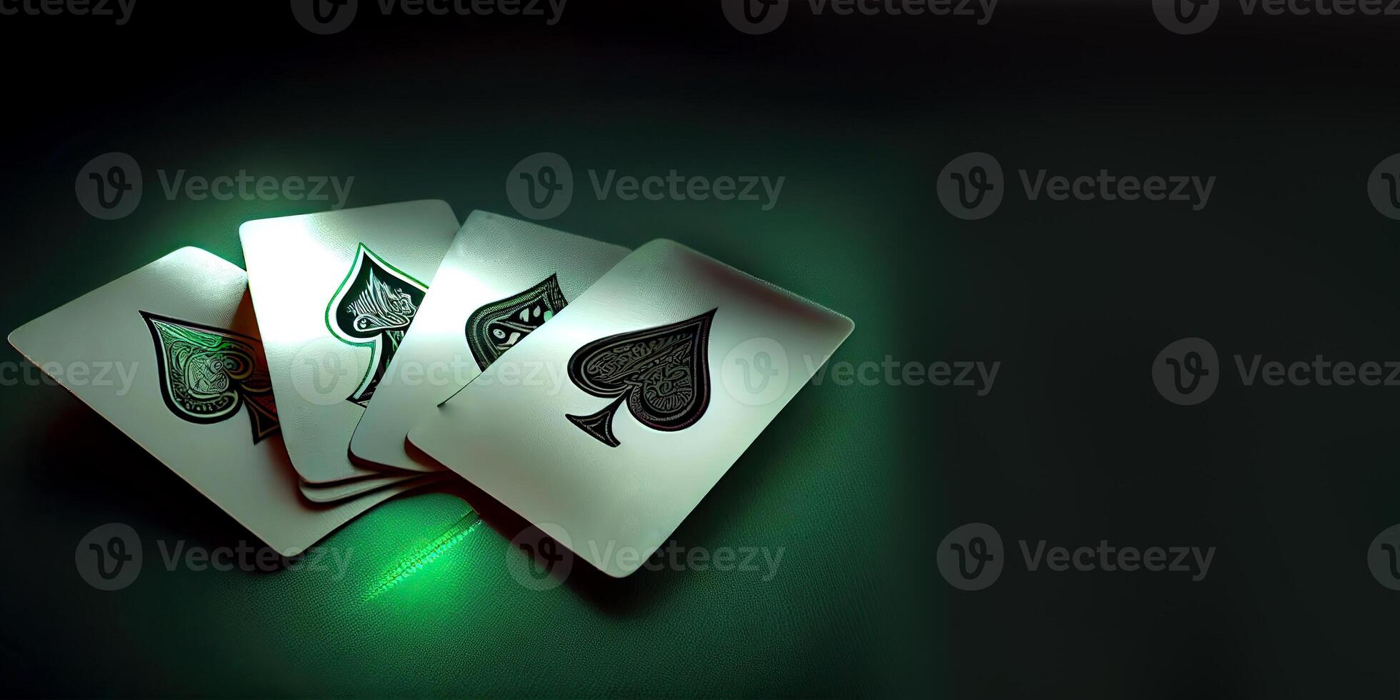 giocando carte di vanga contro buio verde sfondo. casinò gioco e gioco d'azzardo concetto. generativo ai tecnologia. foto