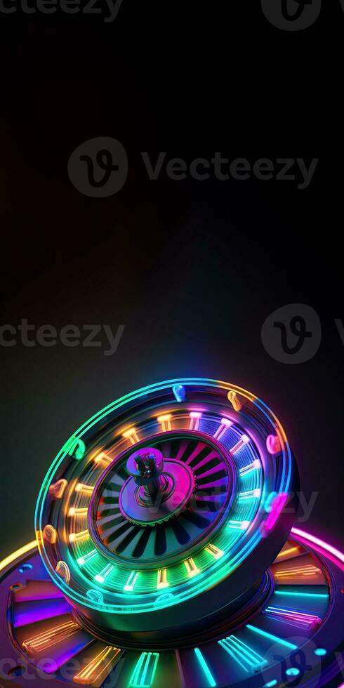 3d rendere di raggiante neon roulette ruota con razzi su buio sfondo, casinò gioco concetto. generativo ai tecnologia. foto