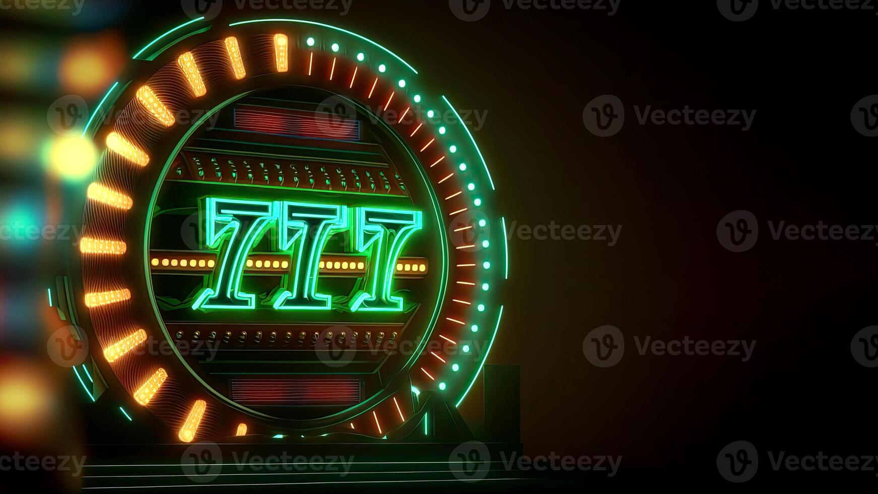 raggiante neon circolare telaio o roulette ruota con vincitore combinazione 777 su buio sfondo, casinò gioco concetto. generativo ai tecnologia. foto