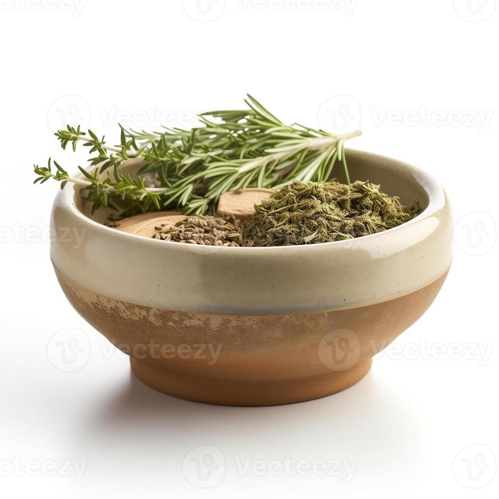 mescolare di secco erbe aromatiche nel rustico ceramica ciotola isolato su bianca sfondo. ai generato foto