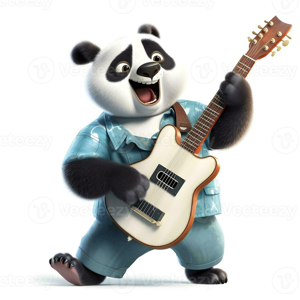 divertente panda giocando chitarra . bambù orso chitarrista nel blu completo da uomo su bianca sfondo. illustrazione per figli di pubblicazioni. generativo ai foto