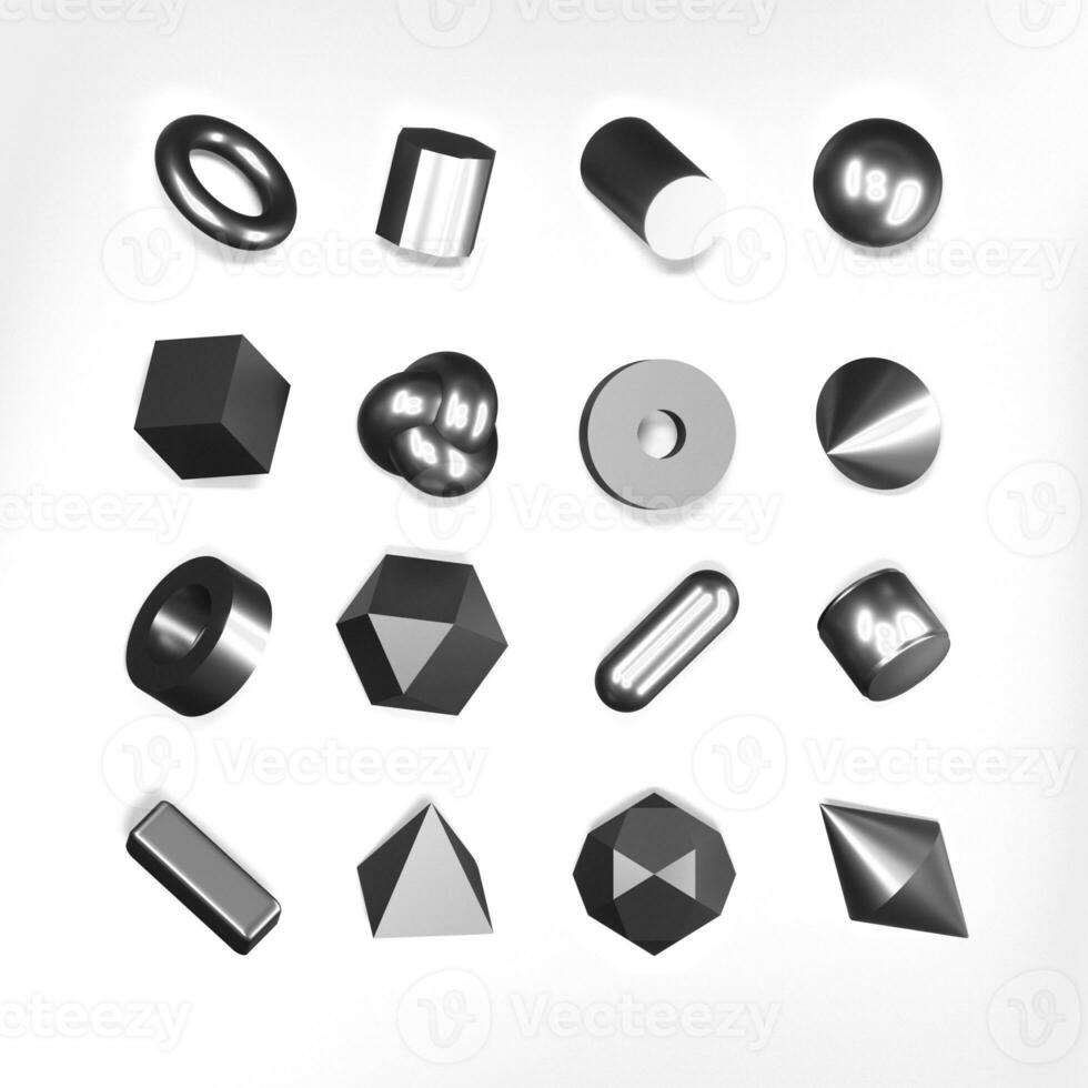 3d rendere argento geometrico forme oggetti impostato su bianca sfondo. metallo cromo lucido realistico primitivi foto