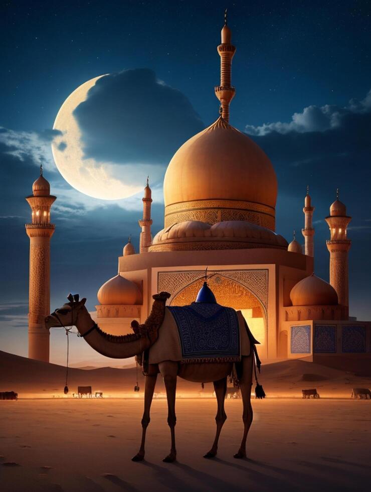 foto eid al adha saluto manifesto con cammello e moschea nel bellissimo notte ai generativo
