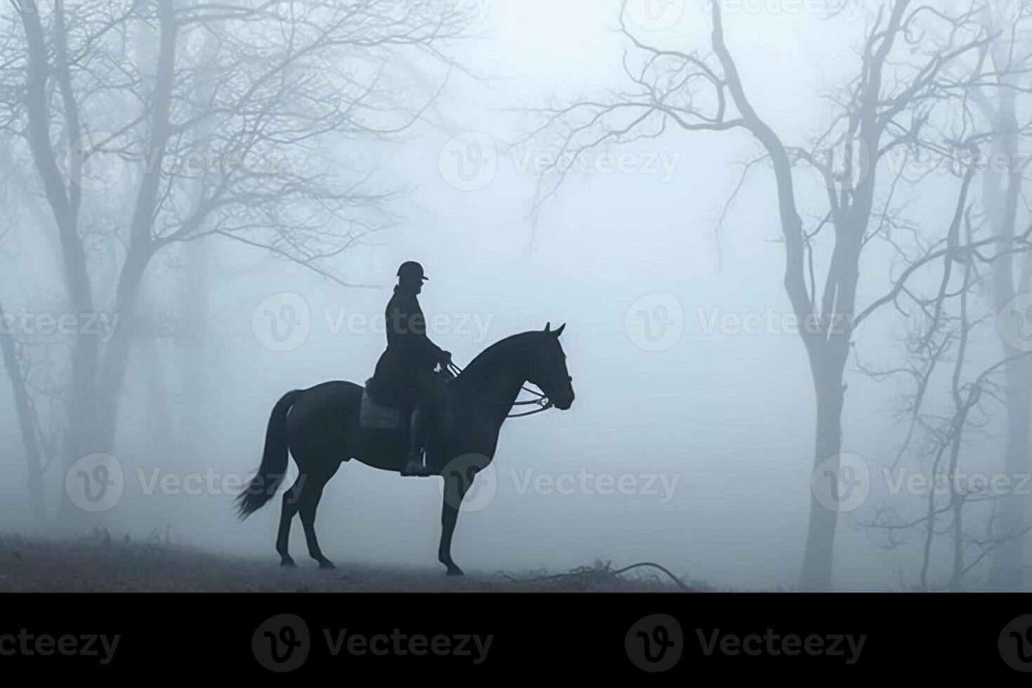 soldato su un' cavallo, nebbioso la zona, silhouette. ai generativo foto