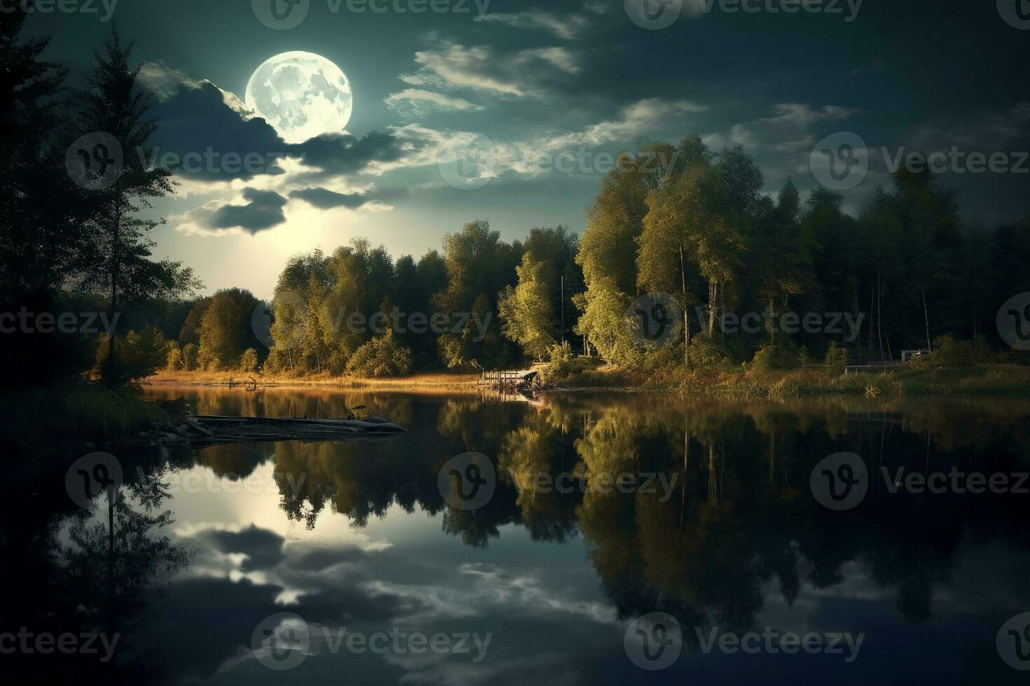 foto di lago con Luna riflessione. ai generativo