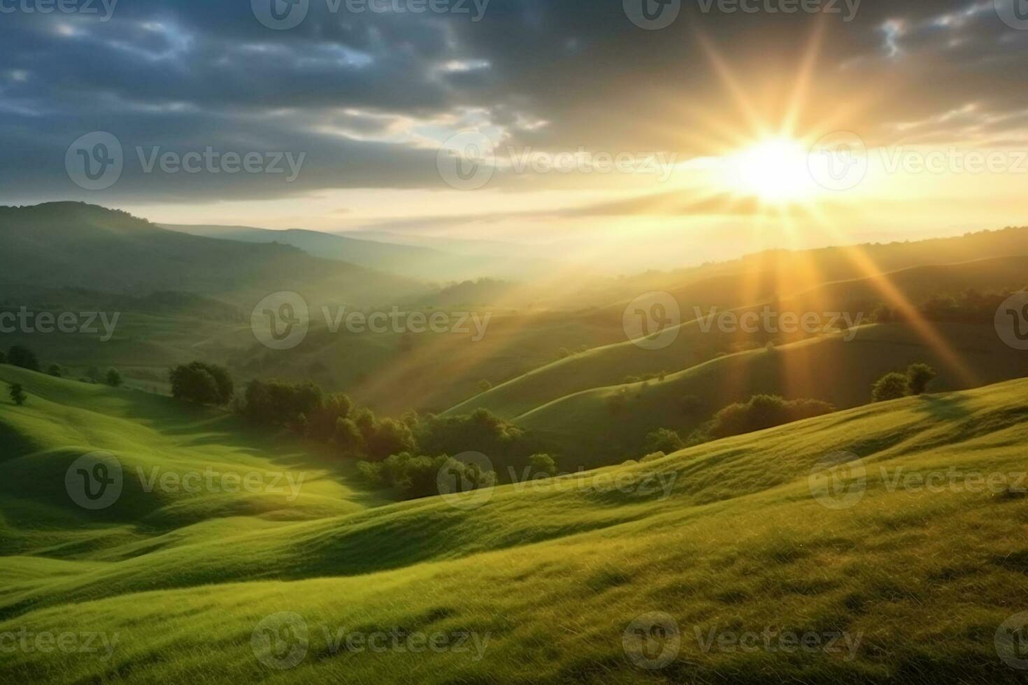 il sole sorge al di sopra di un' pendio con erboso i campi e un la zona con un' collina. ai generativo foto