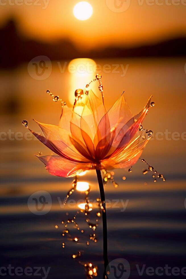 macro fotografia di un epico tramonto a un' bellissimo panoramico lago come visto attraverso il traslucido petalo di un' fiore fioritura nel il erba. ai generativo foto