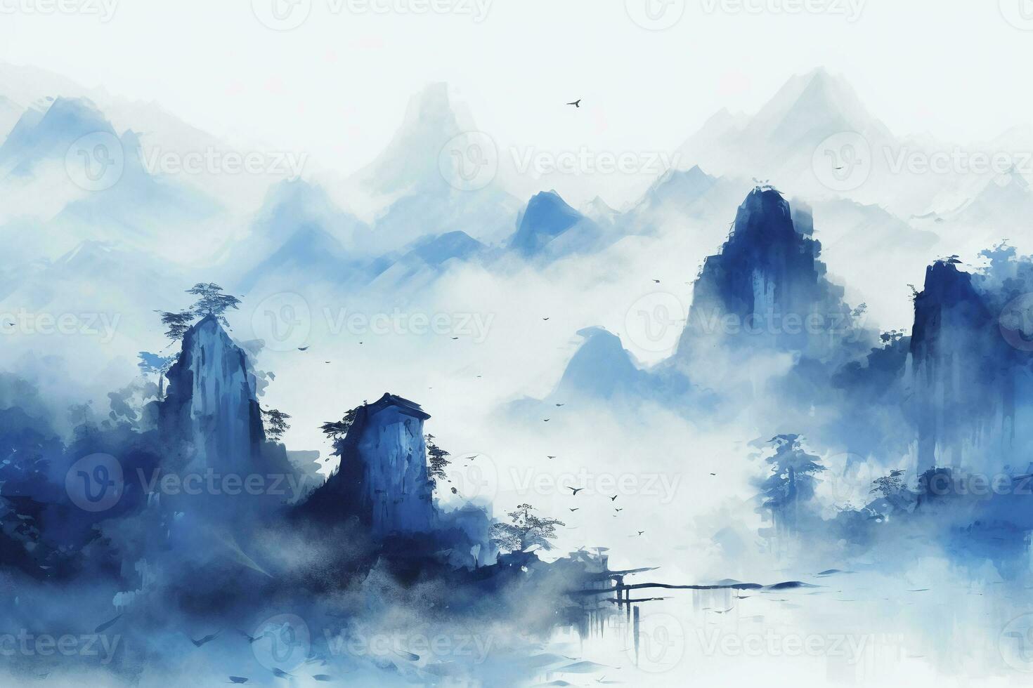 un astratto blu acquerello pittura di montagne e uccelli. ai generativo foto