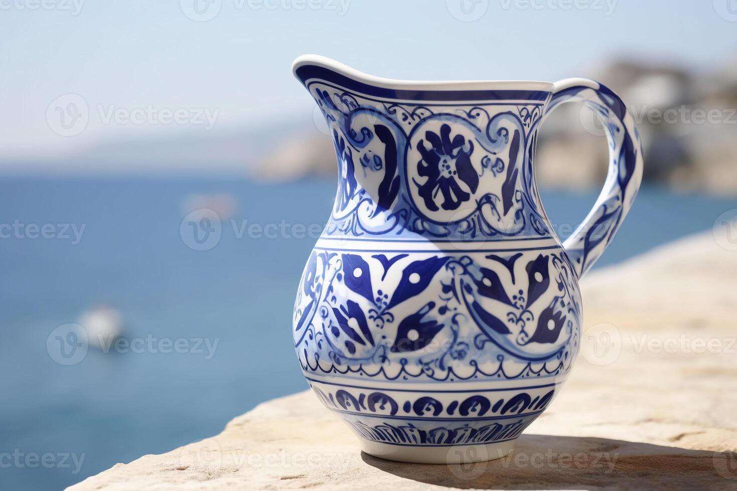 ispirato brocca vaso fatto di mano dipinto ceramica, ornato con vivace blu e bianca modelli. ai generativo foto