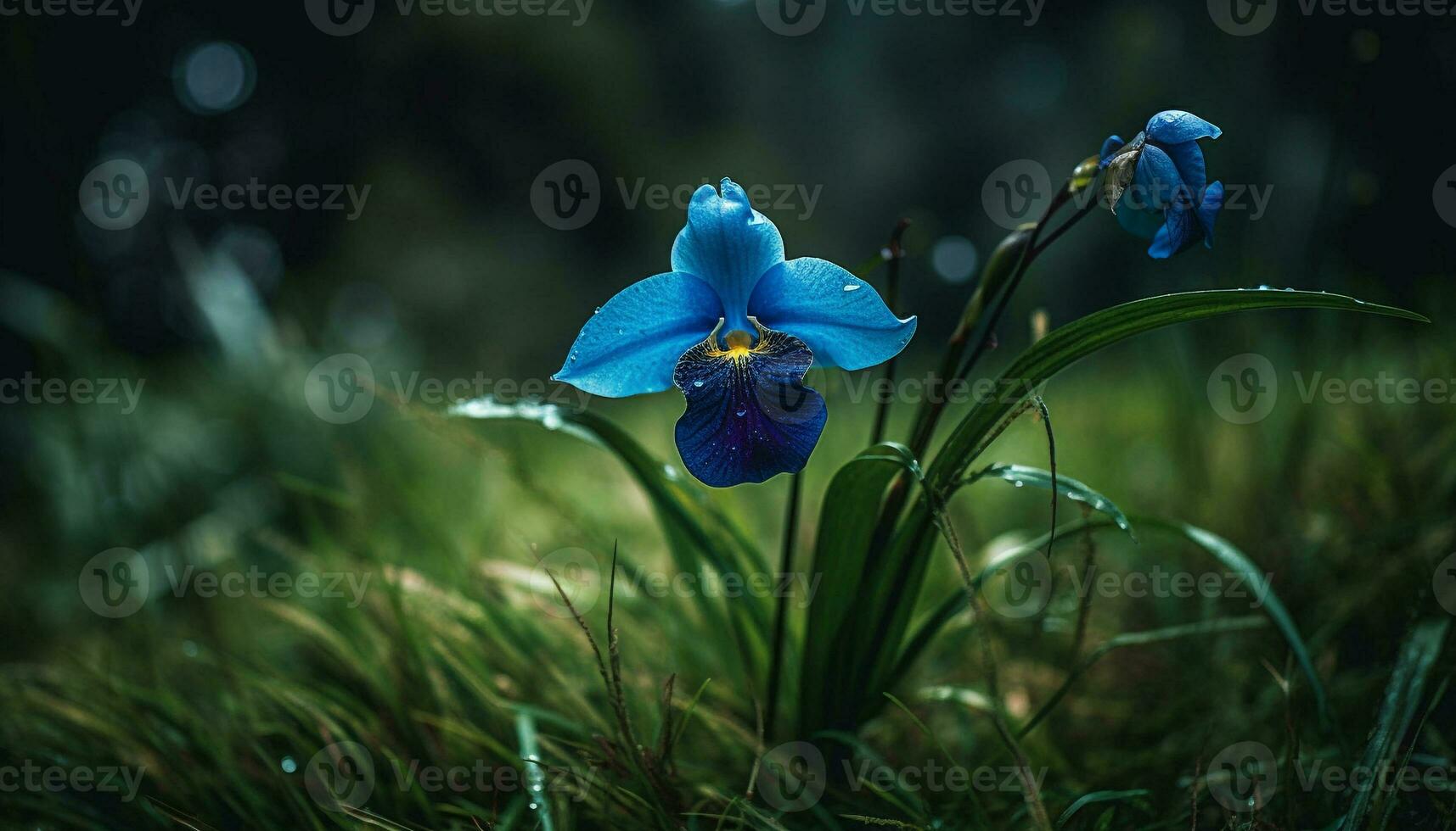 fresco viola Fiore di campo nel prato, selettivo messa a fuoco generato di ai foto