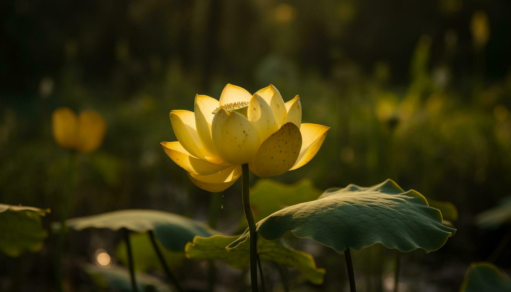 vivace loto fiorire nel tranquillo acquatico ambiente generato di ai foto