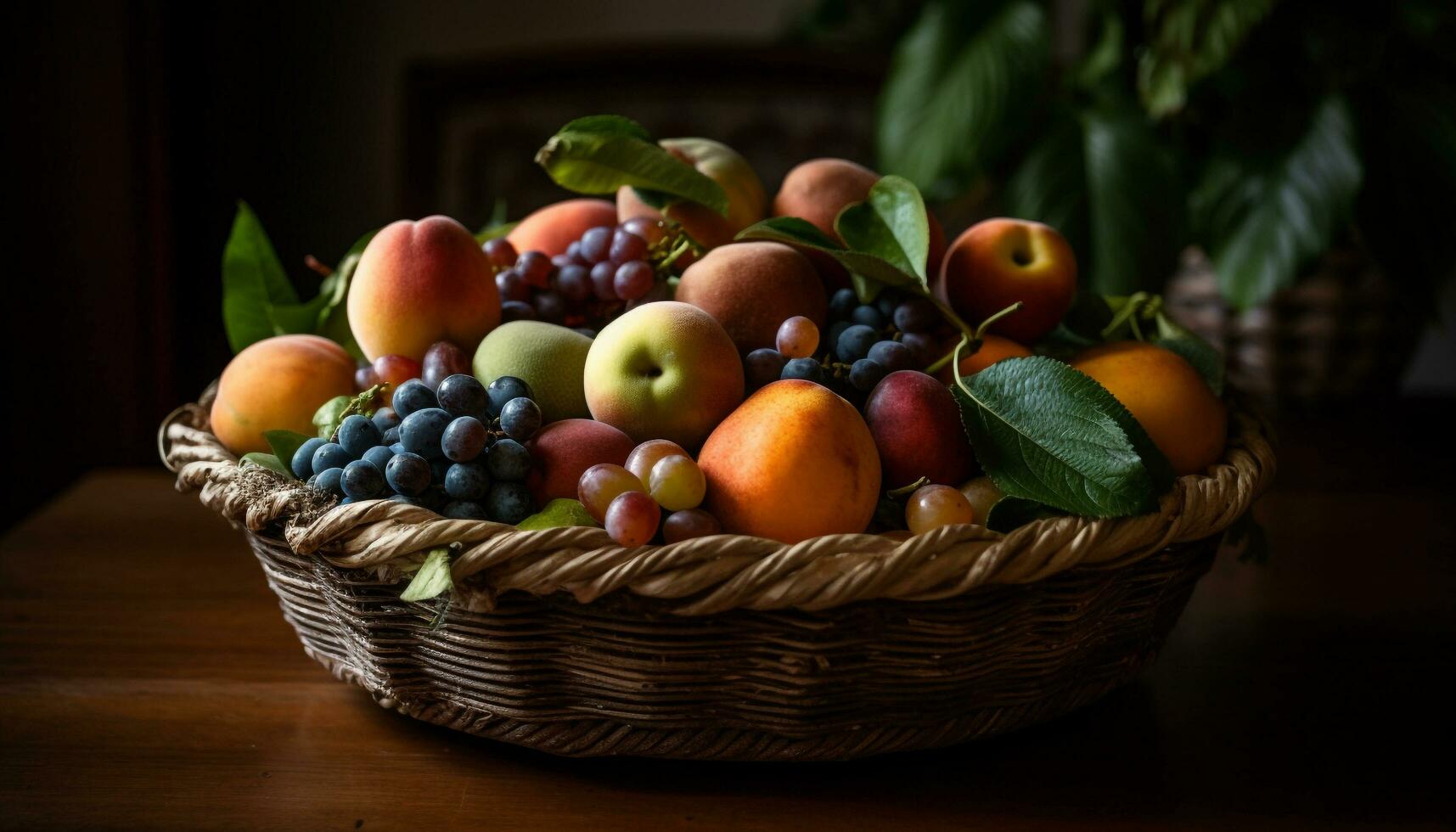 natura generosità nel rustico di vimini cestino generato di ai foto