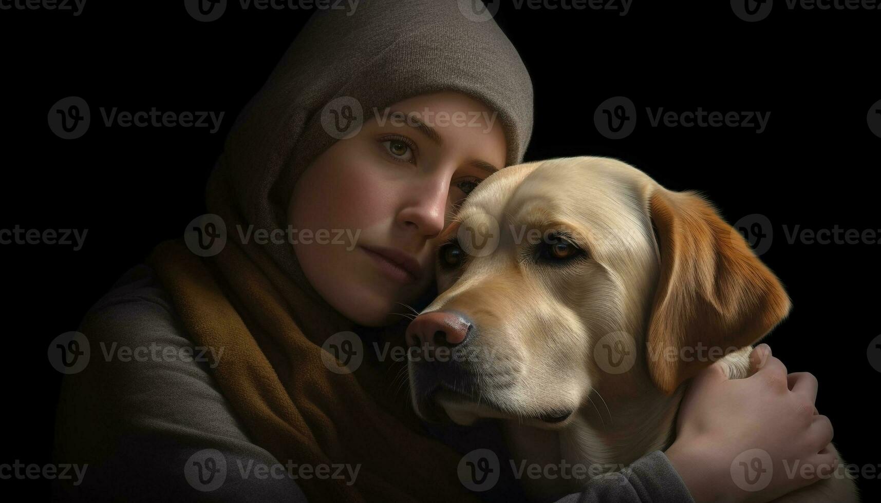 carino cane da riporto ritratto, donne e bambino Abbracciare una persona felicità generato di ai foto